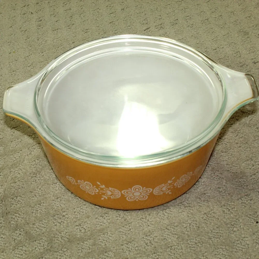 6 PC Vtg 1970's Pyrex BUTTERFLY GOLD Casserole Dish Set w/ 2 Lids 473-475 MINT